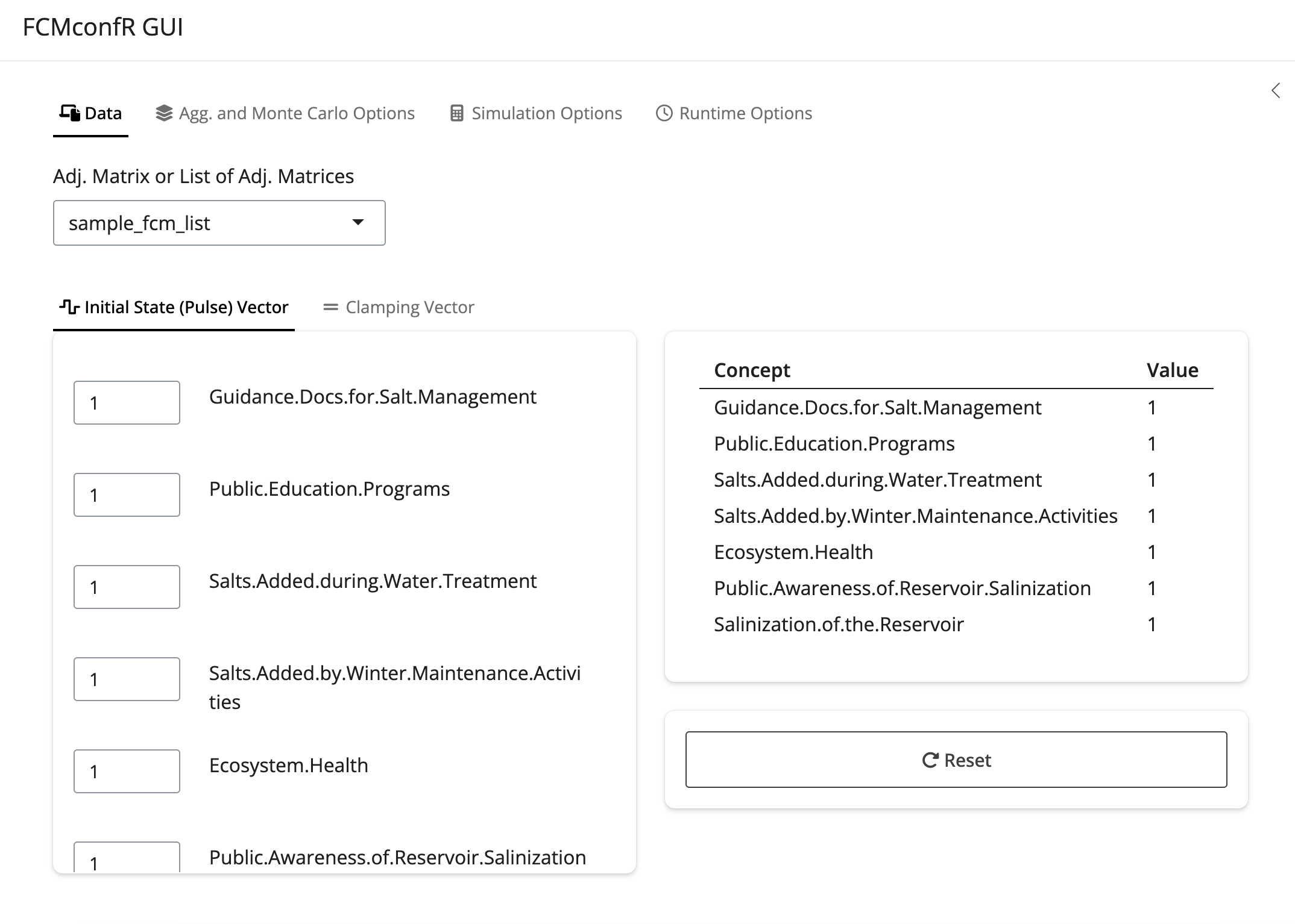 A screenshot of fcmconfr_gui() with an example list of FCMs selected in the dropdown menu.