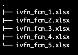 A directory of .xlsx files with each containing sheets for both the lower and upper bound adjacency matrix. For example, ivfn_fcm_1.xlsx has a sheet for the lower bound adjacency matrix and another sheet for the upper bound adjacency matrix.